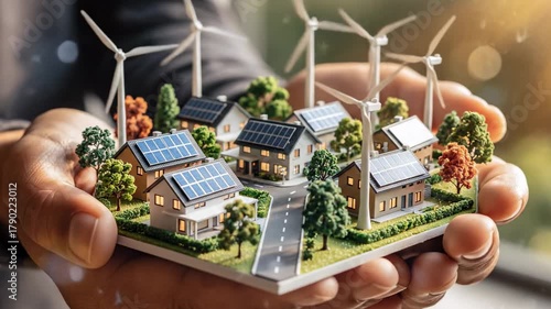 Sustainable energy solar panel wind turbine eco village green power renewable clean eco friendly