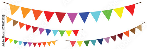 Colorful bunting flags on string for birthday party decoration set, holiday anniversary fabric garlands design, modern festive hanging decor. party flag background for celebration vector illustration