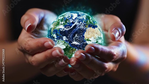 Glowing hands cradle globe and earth with protection and sustainability, stewardship, hope, care