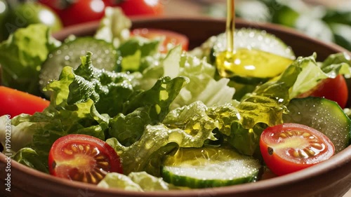 Fresh salad, lettuce, tomato, cucumber with olive oil drizzle and bright dressing for refreshing