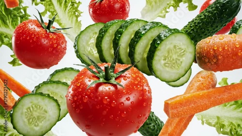 Fresh tomato cucumber carrot lettuce with water droplets healthy vibrant salad vibe crisp slices