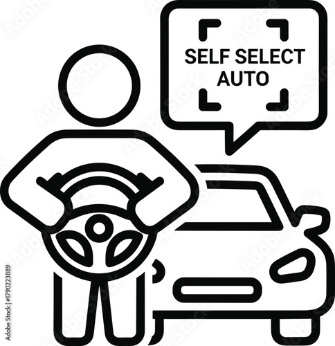 Person with steering wheel, self select auto icon, autonomous driving concept, vehicle control symbol, cad drawing flat vector illustration