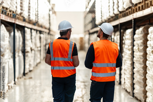 Warehouse workers inspecting inventory in logistics center