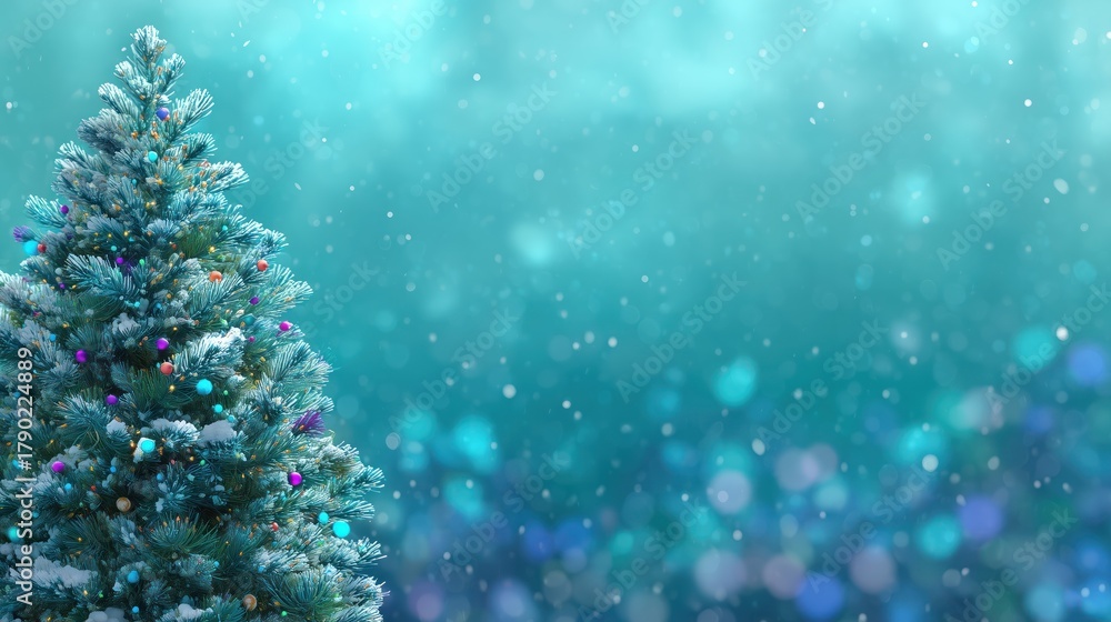 Obraz premium A Snowy Christmas Tree with Colorful Ornaments Against a Turquoise Bokeh Background