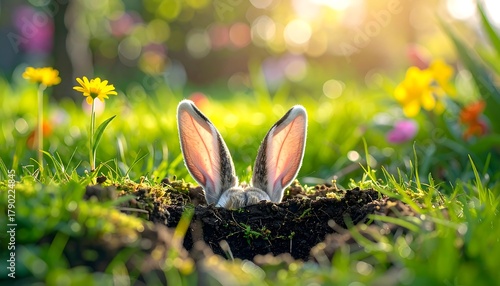 Bunny ears poking from burrow in vibrant meadow, bathed in warm sunlight with flowers blooming