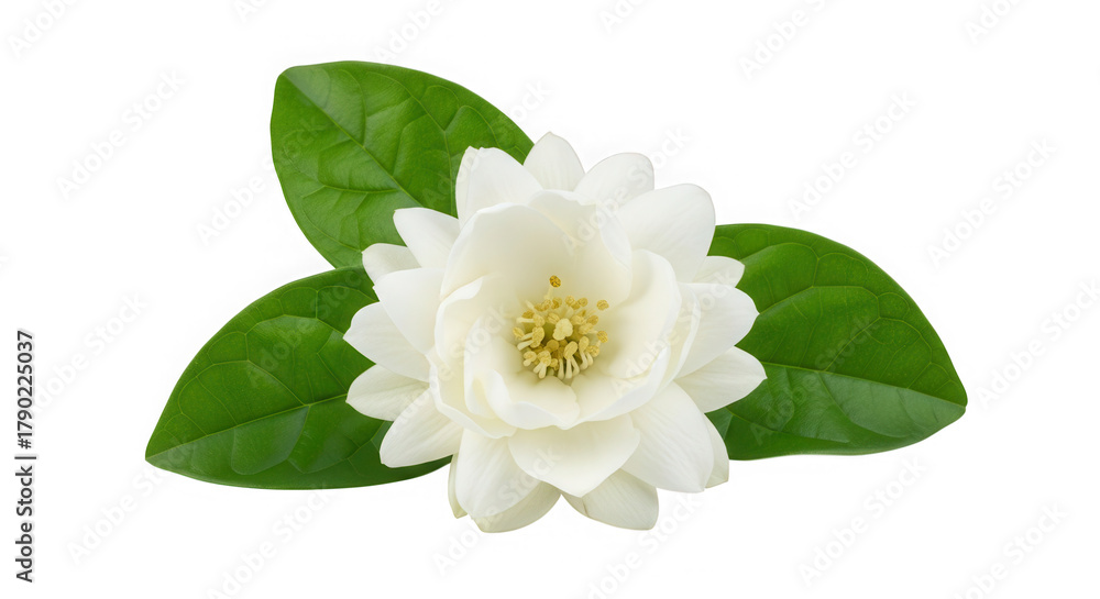 Obraz premium Jasmine flower with green leaves isolated on transparent background