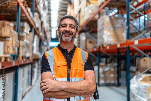 Confident man working in logistics warehouse