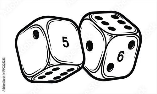 Classic pair of game dice showing five and six pips, rendered in a striking black and white line art illustration style, symbolizing chance, luck, and gaming entertainment