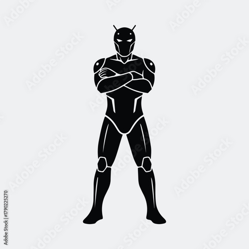 Silhouette of standing futuristic cybernetic superhero figure with crossed arms vector illustration