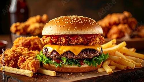 Burger topped with chicken and cheese, alongside fries and fried chicken, served on a rustic wooden surface