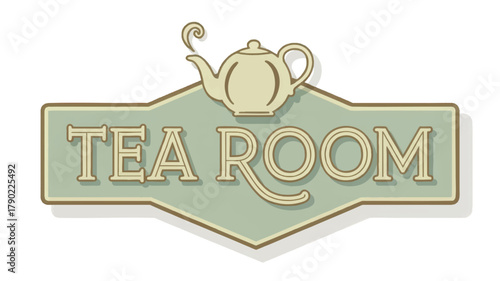 Tea room vintage sign vector – mint and gold badge with elegant teapot design. Tea room vintage sign vector – mint and gold badge with elegant teapot design.