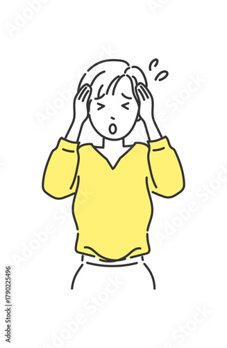 オフィスカジュアル 女性 困った顔（イエローアクセント）