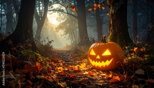 Halloween Night - Glowing Pumpkin in a Misty Forest.