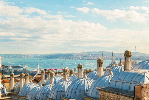 Photography View of the Bosphorus Strait and the Asian side of Istanbul from the Suleymaniye Mosque garden