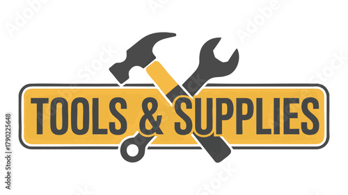 Hardware store retro sign vector – yellow gray badge with wrench and hammer icons. Hardware store retro sign vector – yellow gray badge with wrench and hammer icons.