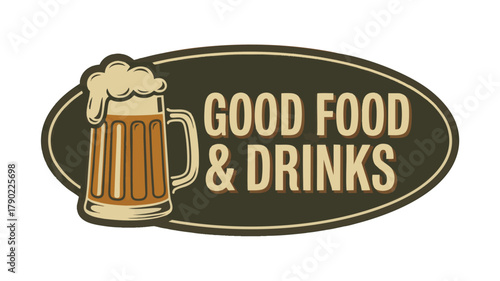 Pub and grill retro sign vector – dark green amber badge with beer mug and vintage text. Dark green and amber retro pub sign vector featuring beer mug with foam, diner-inspired typography.