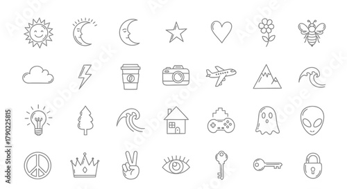 Minimalist doodle icon set featuring travel nature technology and everyday objects for creative