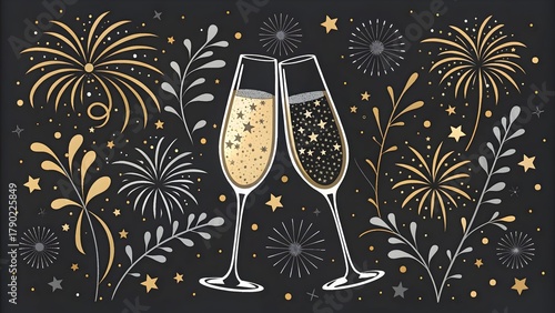 New Year’s Eve Decorations with Champagne and Festive Confetti