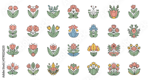 Collection of minimalist floral emblems featuring diverse botanical arrangements in muted shades