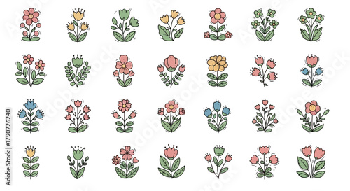 Hand-drawn floral pattern with whimsical flowers in pastel colors on a white background showcasing