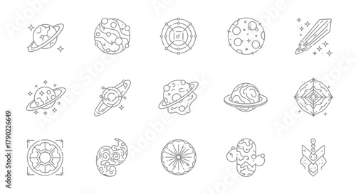 Whimsical cosmic exploration collection, celestial illustrations and planetary icons ideal for