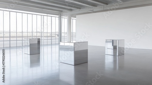 Minimalist mirrored cubes in a spacious white gallery setting create a contemporary art installation with bright daylight