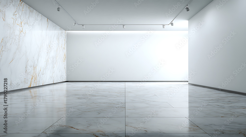 Fototapeta premium White gallery space with marble accent wall and polished floor interior empty