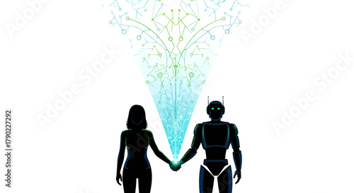 Futuristic AI collaboration showing digital connection between woman and robot, promoting technology, innovation, and human-machine interface concepts