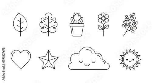 Collection of minimalist hand drawn illustrations of nature elements and celestial bodies