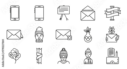 Monochrome outline icons depicting various objects and concepts on white background