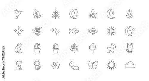 Delicate line art icons depicting nature, animals, and celestial elements