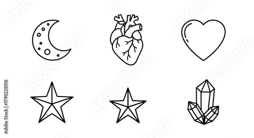 Whimsical illustration featuring celestial elements, anatomical heart and shining crystals