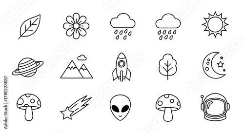 Line art icon set showcasing nature elements and cosmic symbols in minimalist style