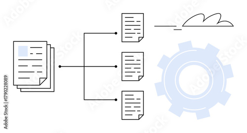 Stack of documents linked to individual files, cloud icon, gear. Ideal for workflow, automation, organization, cloud storage, process management productivity file sharing. Simple flat metaphor