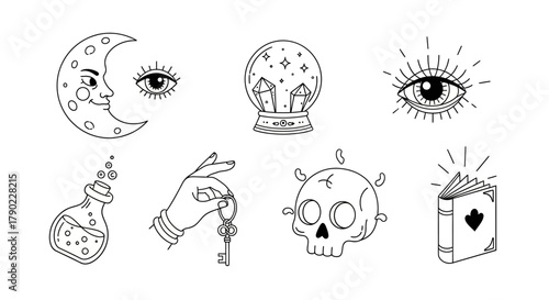 Whimsical magical elements in line art illustration for esoteric or Halloween theme
