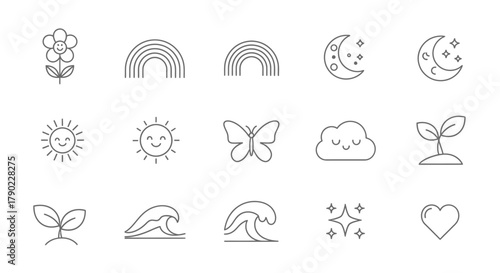 Delicate line art icons of nature, celestial bodies and love for peaceful designs