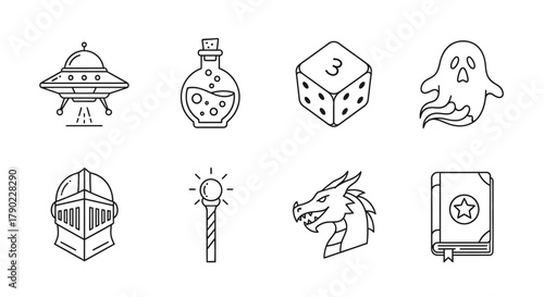Collection of gaming and fantasy elements depicted with simple vector illustrations