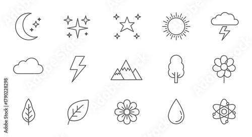 Collection of minimalist line art nature icons symbolizing environmental elements