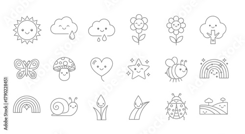 Set of adorable nature and weather outline icons perfect for creating sweet designs