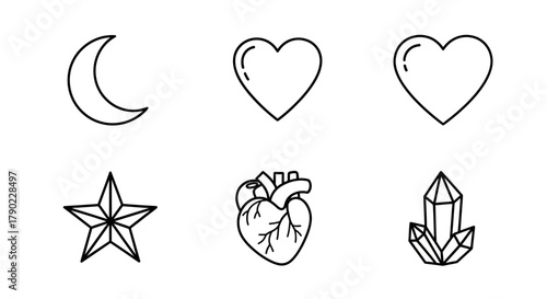 Assortment of Black and White Line Art Icons Featuring Celestial and Symbolic Elements