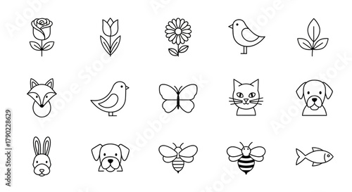 Collection of simple line drawings featuring nature animals and insects for creative design
