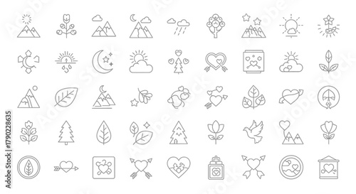 Collection of minimalist line art icons, nature, romance and symbolic representations