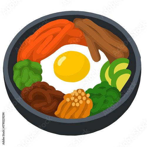 A vibrant and colorful illustration of Bibimbap, a classic Korean mixed rice dish, served in a traditional black stone bowl