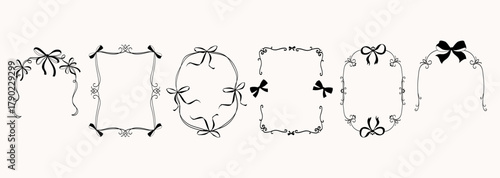 Vintage frames and borders with bow and ribbons set. Hand drawn coquette frames for wedding invitations, greeting cards, packaging, branding, stationery, Valentine's day. Whimsical borders. Vector