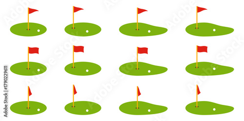 様々な形のゴルフグリーンと旗のアイコンのベクターイラストのセット