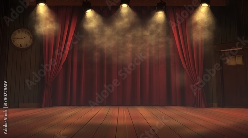 Classic Theater Stage with Red Curtains and Spotlights Ready to Perform