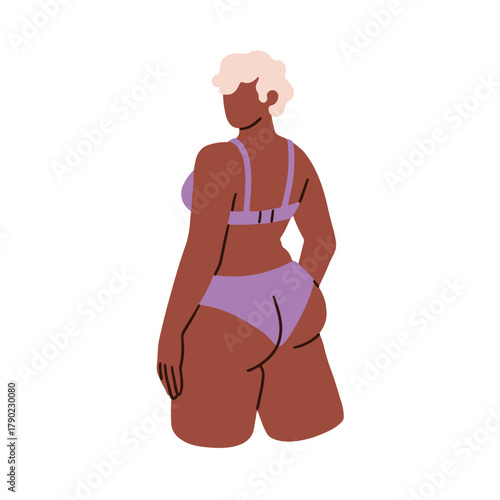 Lingerie on black woman, back view. Female body from behind, panties on buttocks. Bra and pants, underwear on plus-size shape, feminine figure. Flat vector illustration isolated on white background.