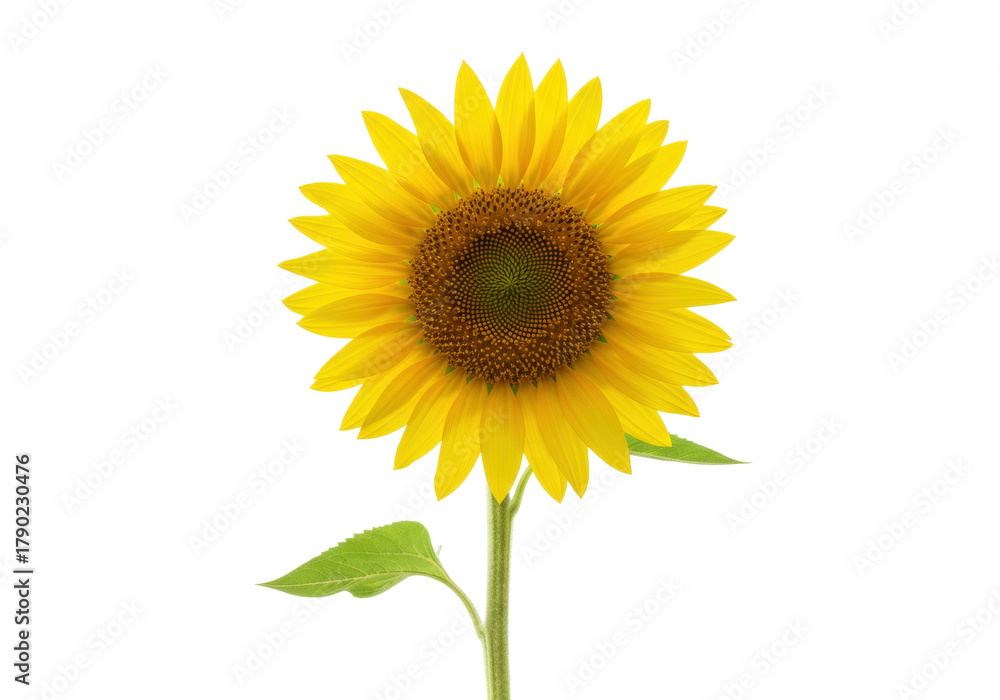 Obraz premium Isolated Sunflower Blossom Head, Helianthus Annuus Plant, Yellow Petals, Brown Center, Stalk