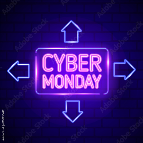 Bright neon sign with Cyber ​​Monday text and glowing arrows on a dark brick wall background, for online shopping promotions, digital marketing, ads, banners, social media. Vector illustration