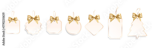 Gift Tag Set with Golden Bows in Holiday Shapes. Elegant gift tags in various shapes with shiny gold bows, label designs, for promotions, sales, packaging, greeting cards. Vector illustration